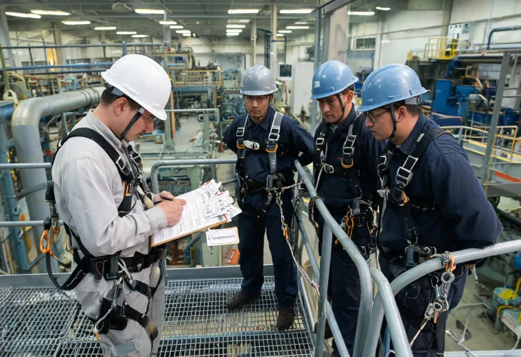 Elevated maintenance team wearing harnesses